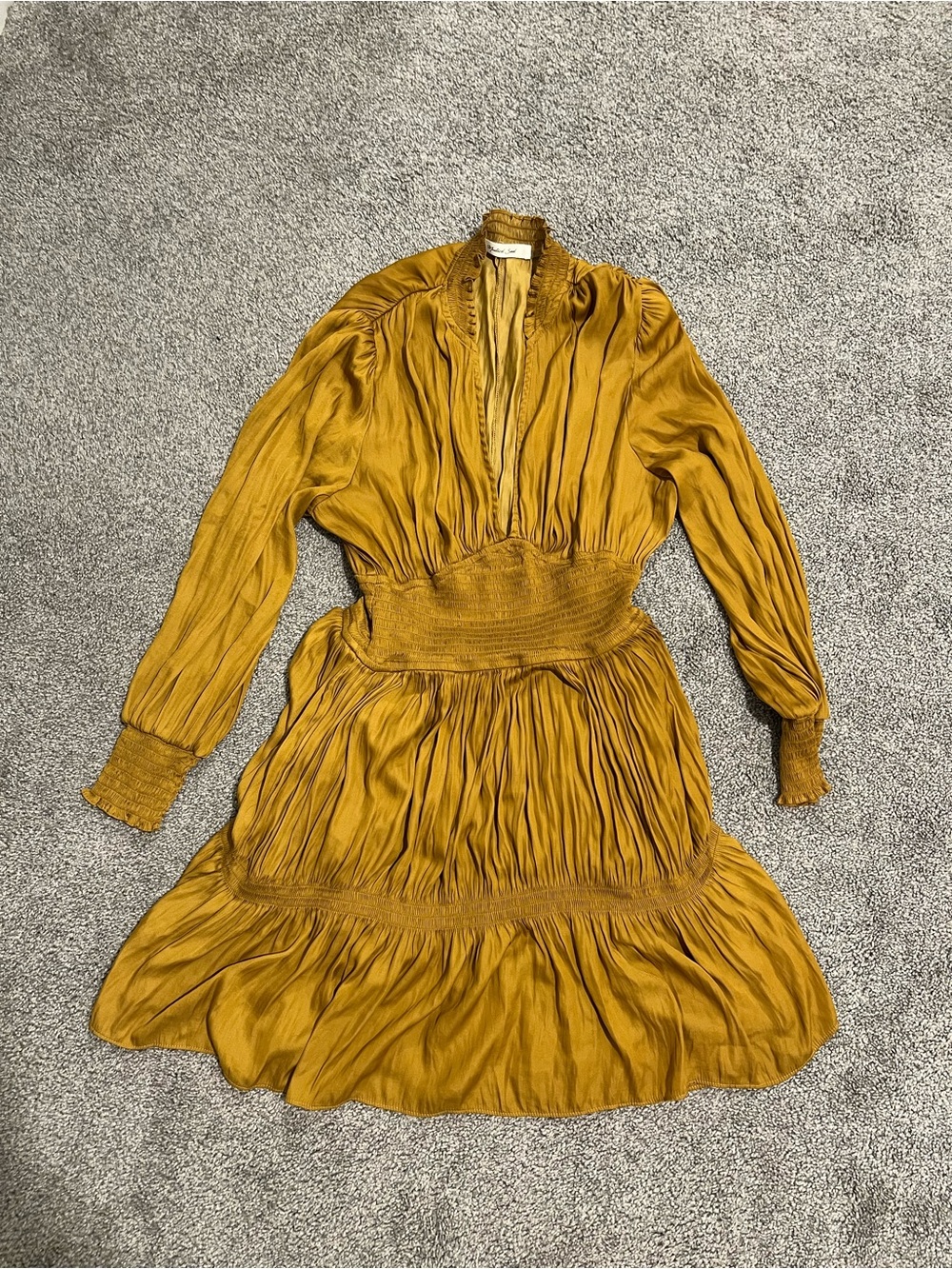 bohme Mustard Long-Sleeve Smocked Waist Dress